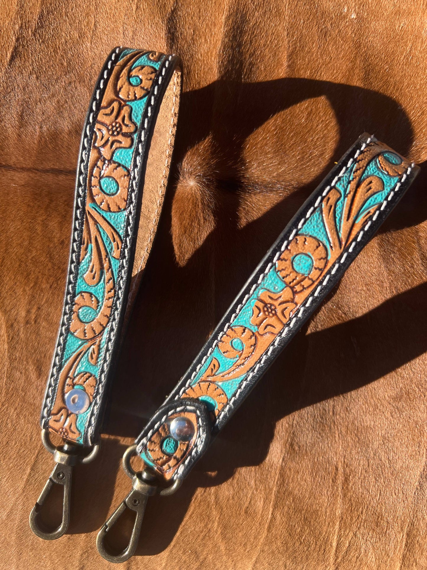 Tooled Leather Western Wrist Strap Keychain Turquoise Scroll