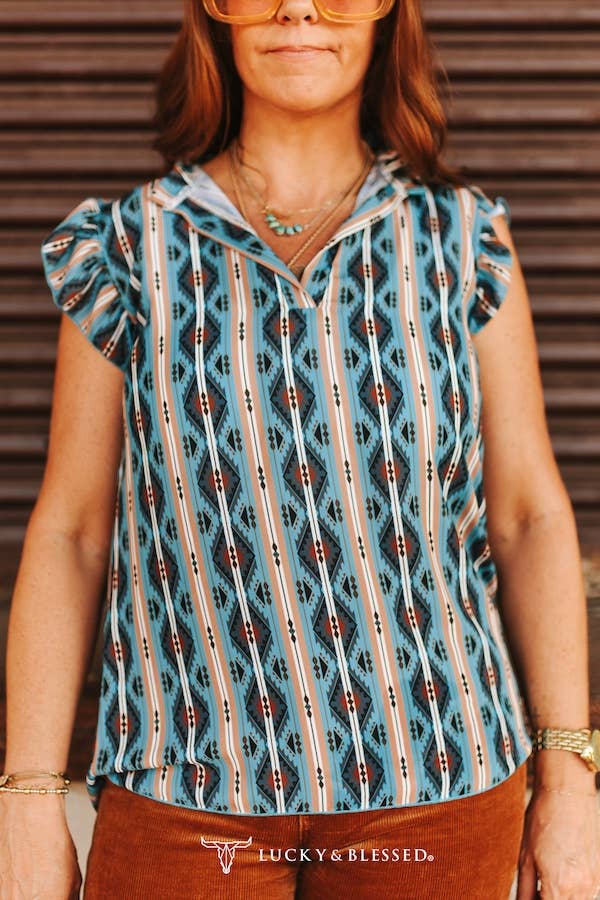 Jade Aztec Short Sleeve V-Neck Ruffle Sleeve Top