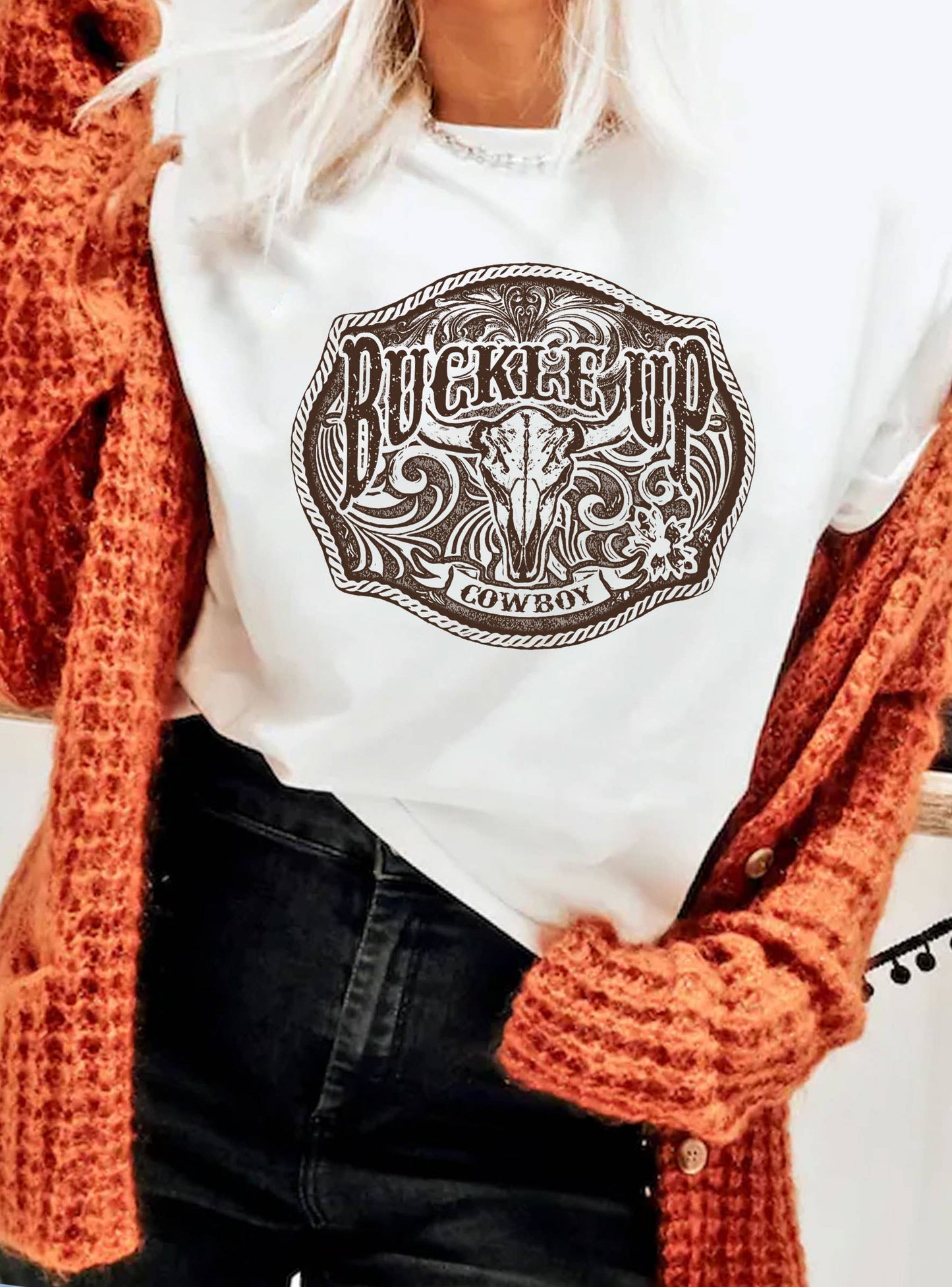 BUCKLE UP COWBOY COW SKULL GRAPHIC TSHIRTS