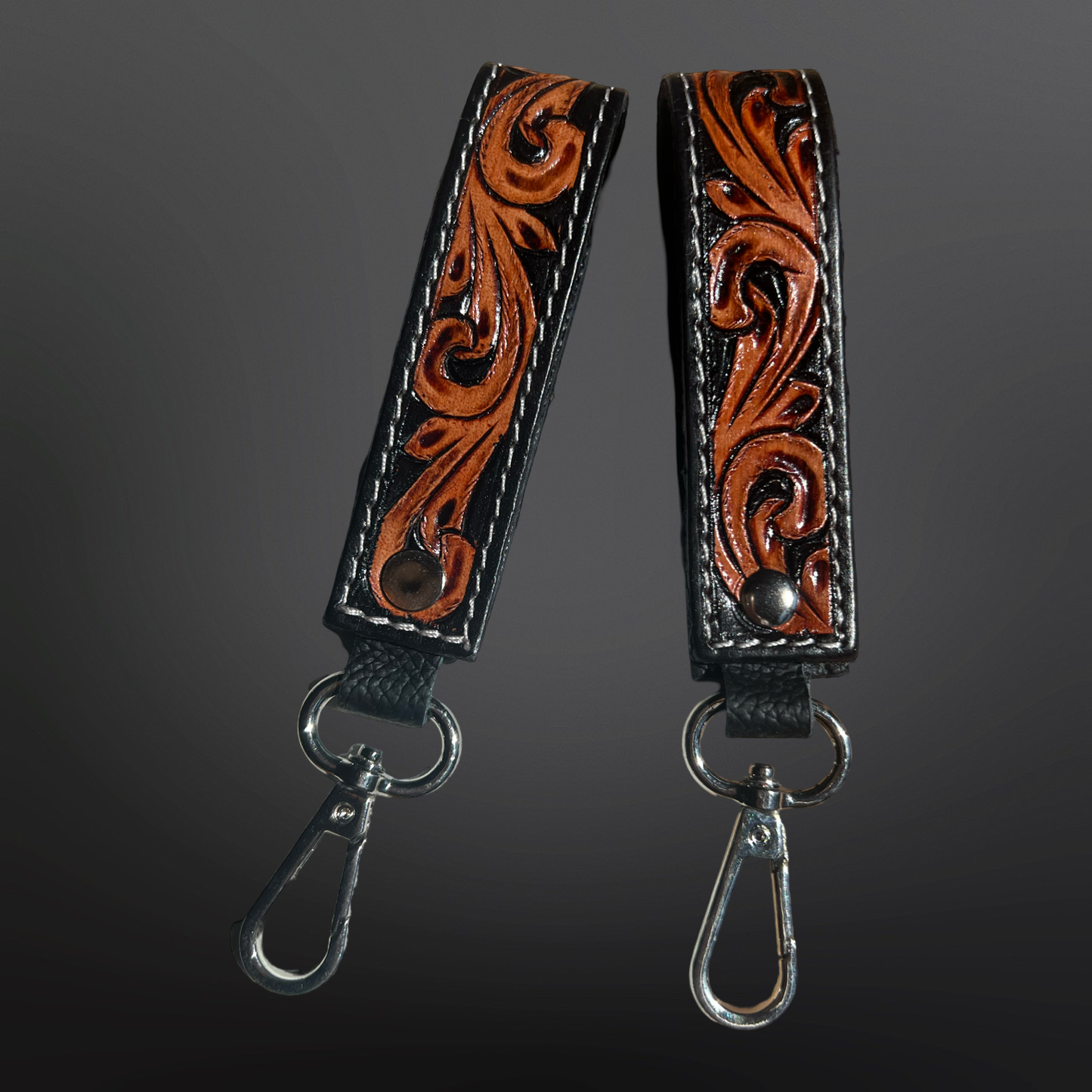 Tooled Leather Western Black Floral Keychain
