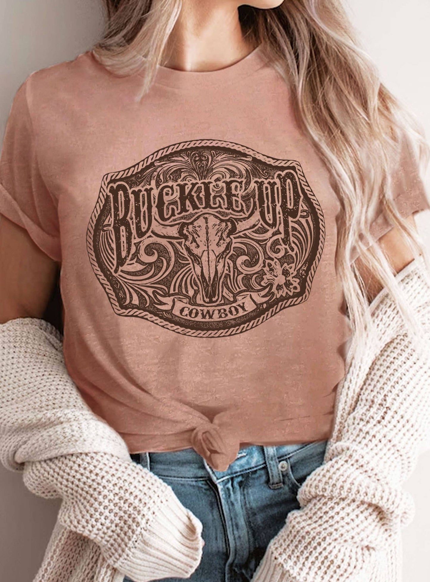 BUCKLE UP COWBOY COW SKULL GRAPHIC TSHIRTS