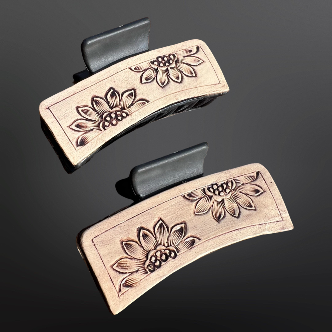 Sunflower Tooled Leather Claw Hair Clip Western Matte Black