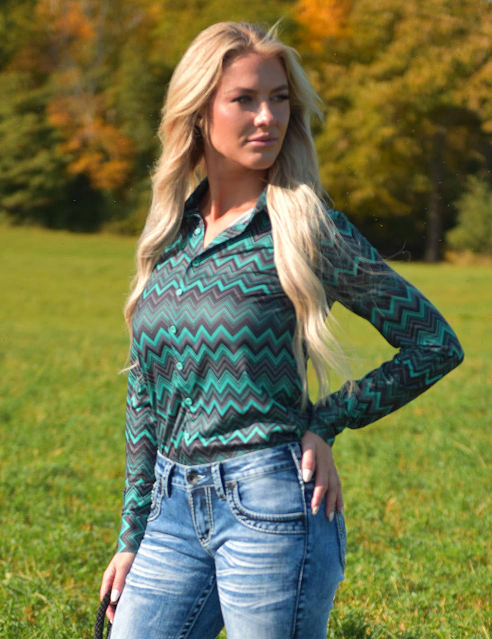 Pullover Button Up Chevron Print Stretch Jersey