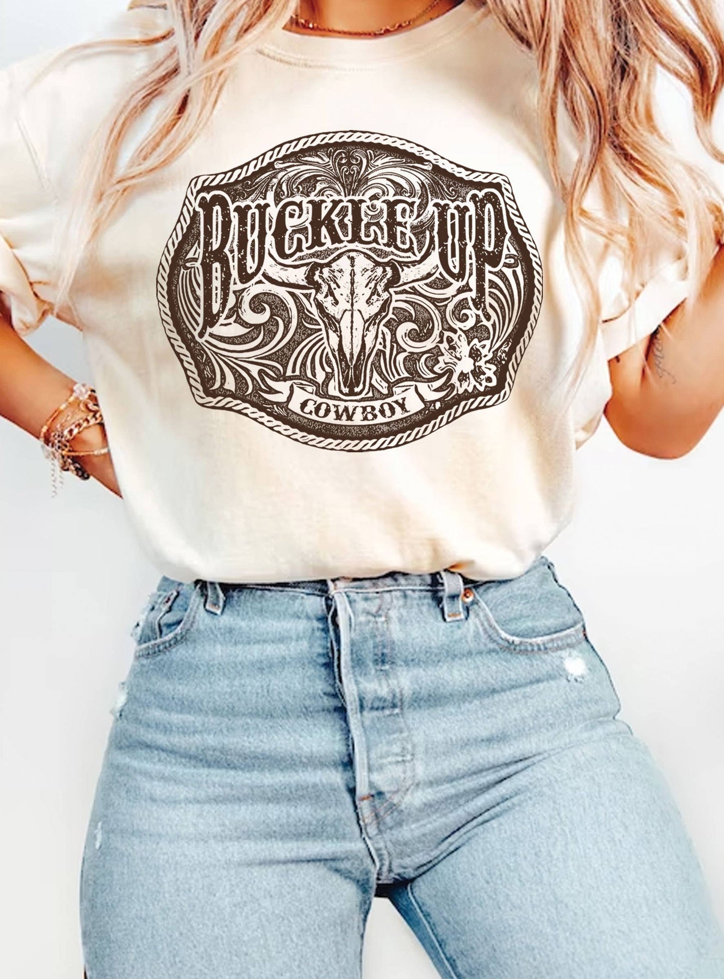 BUCKLE UP COWBOY COW SKULL GRAPHIC TSHIRTS