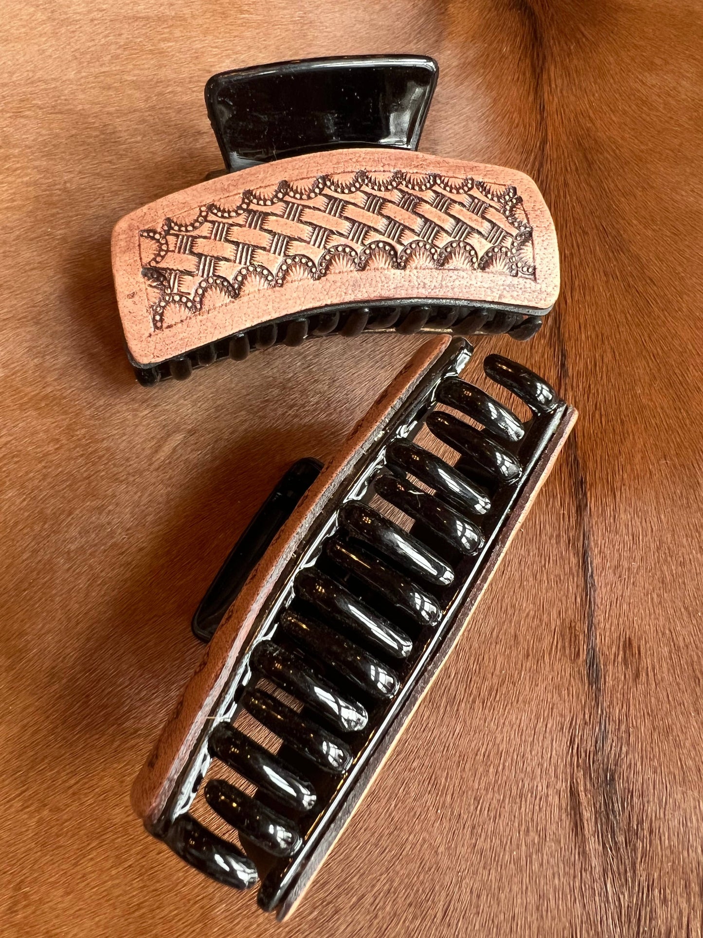 Basket Stamped Tooled Leather Claw Clip Hair Clip