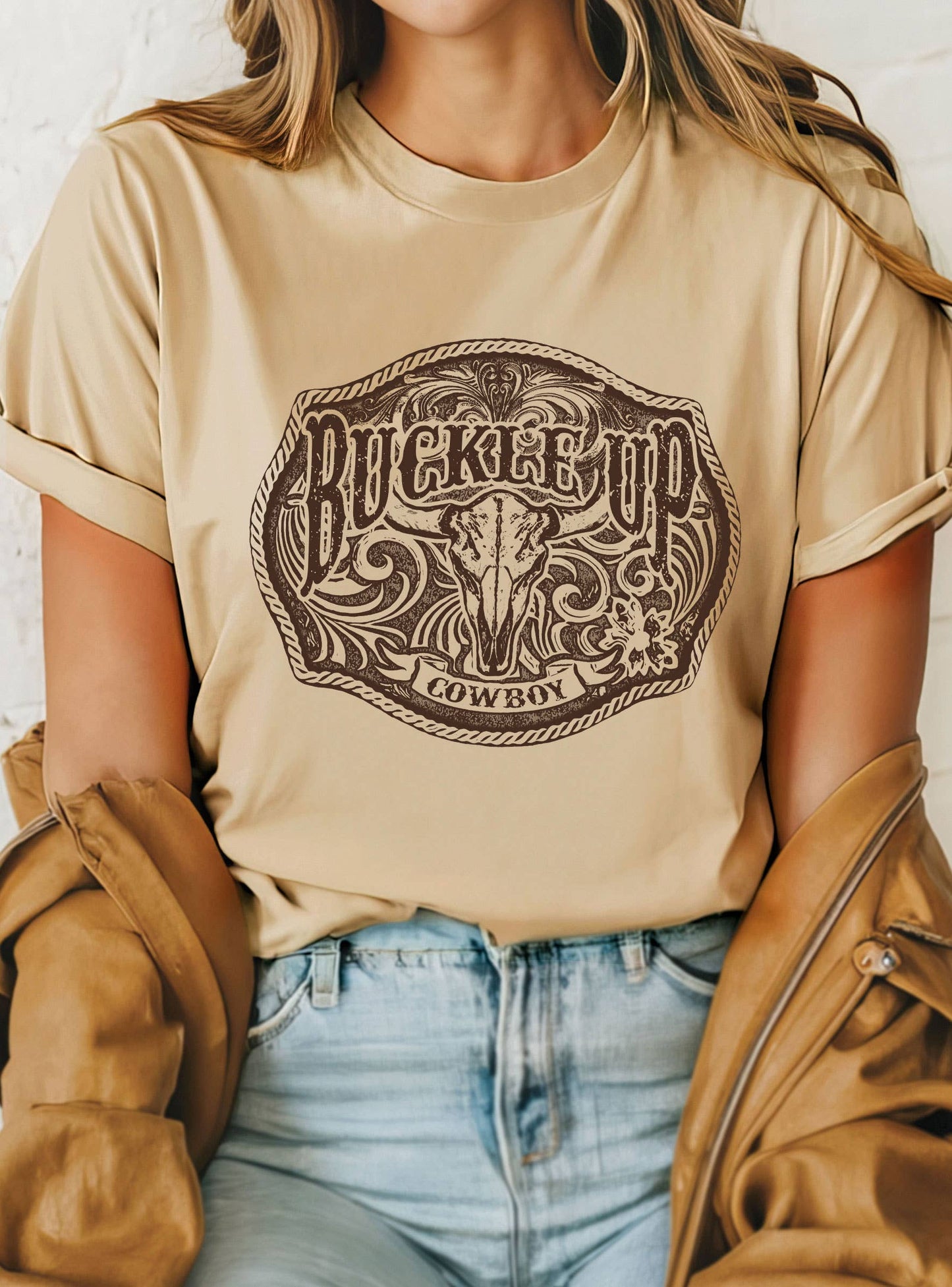 BUCKLE UP COWBOY COW SKULL GRAPHIC TSHIRTS