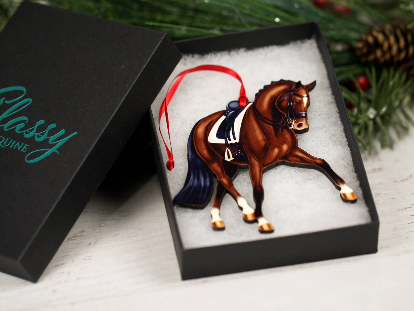 Dressage Horse Christmas Ornament - Bay Half Pass Dressage