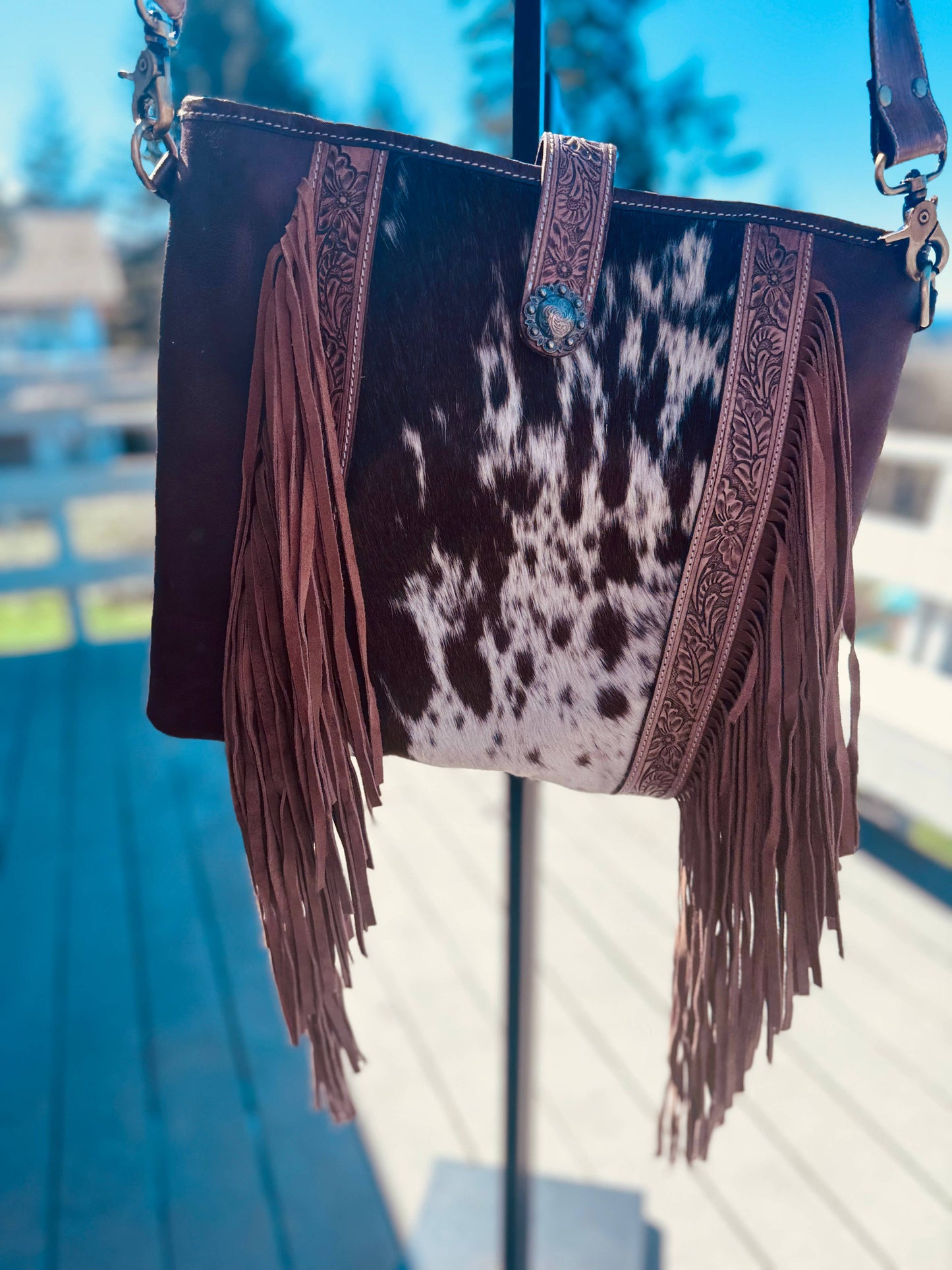 Leather tooled cowhide bag W/fringe