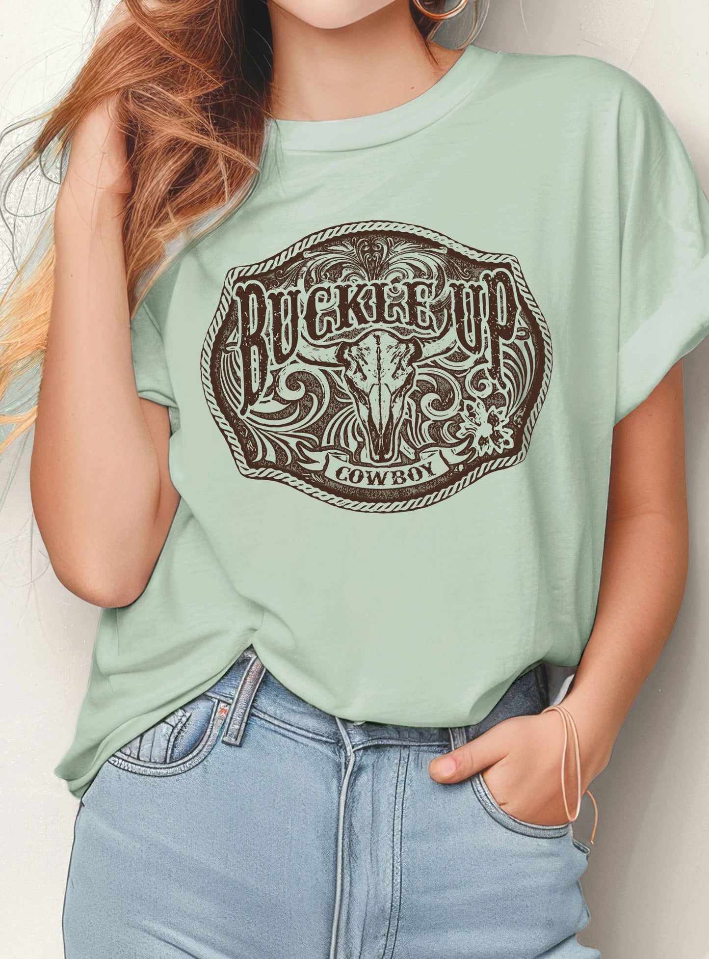 BUCKLE UP COWBOY COW SKULL GRAPHIC TSHIRTS