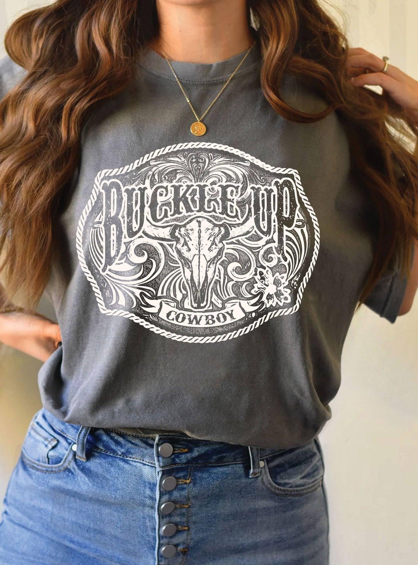 BUCKLE UP COWBOY COW SKULL GRAPHIC TSHIRTS