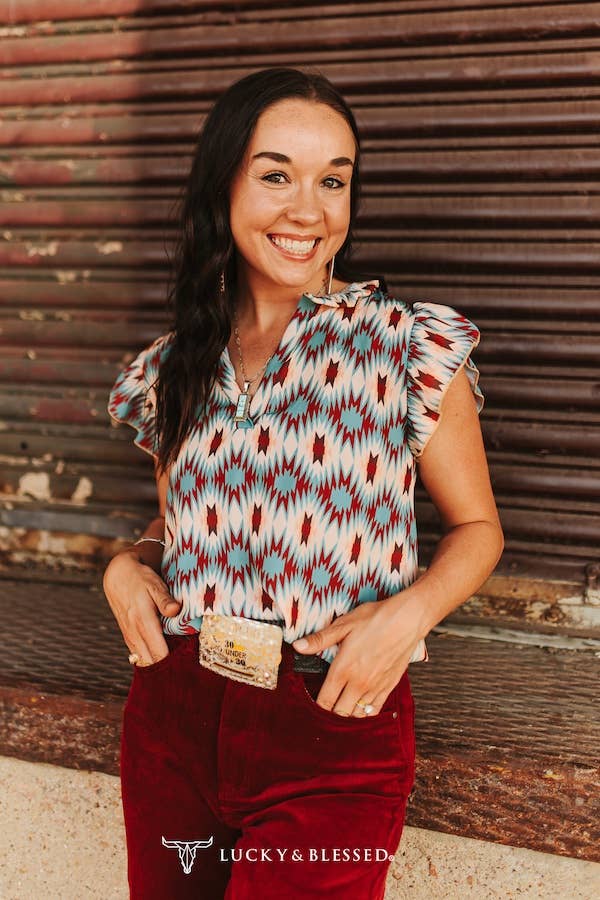 Orange Jade Aztec Short Sleeve V-Neck Ruffle Sleeve Top