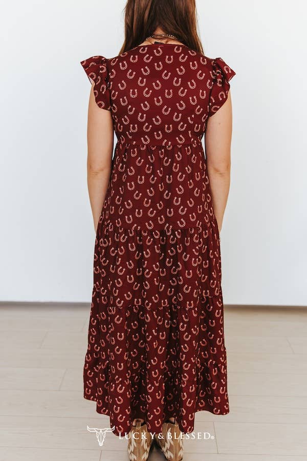 Deep Wine Horse Shoe Short Sleeve Ruffle Cap Tier Dress