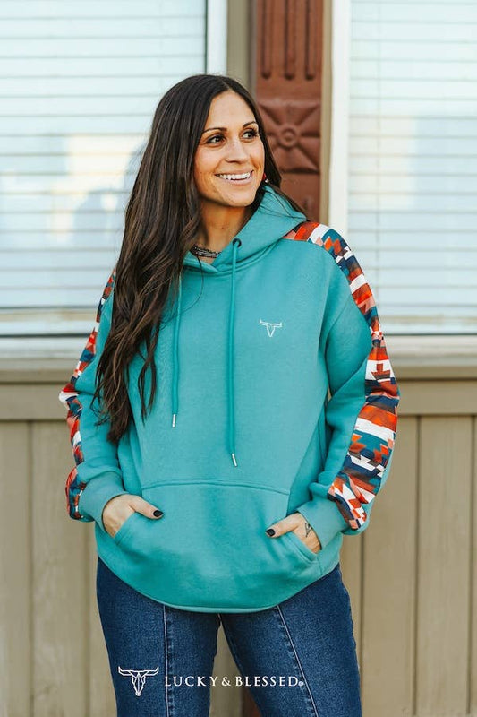 Teal Multi Aztec Printed Side Panel Sleeve Hoodie