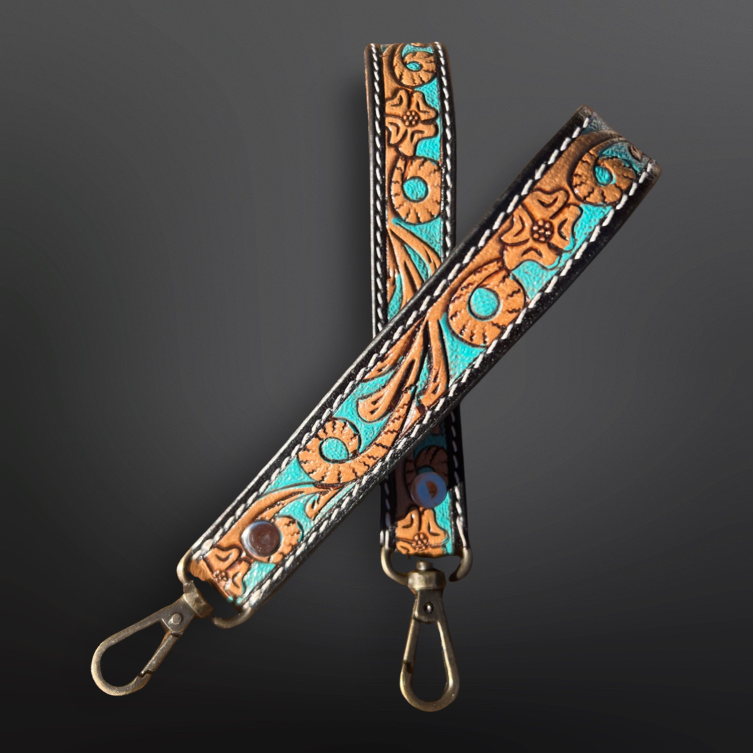Tooled Leather Western Wrist Strap Keychain Turquoise Scroll