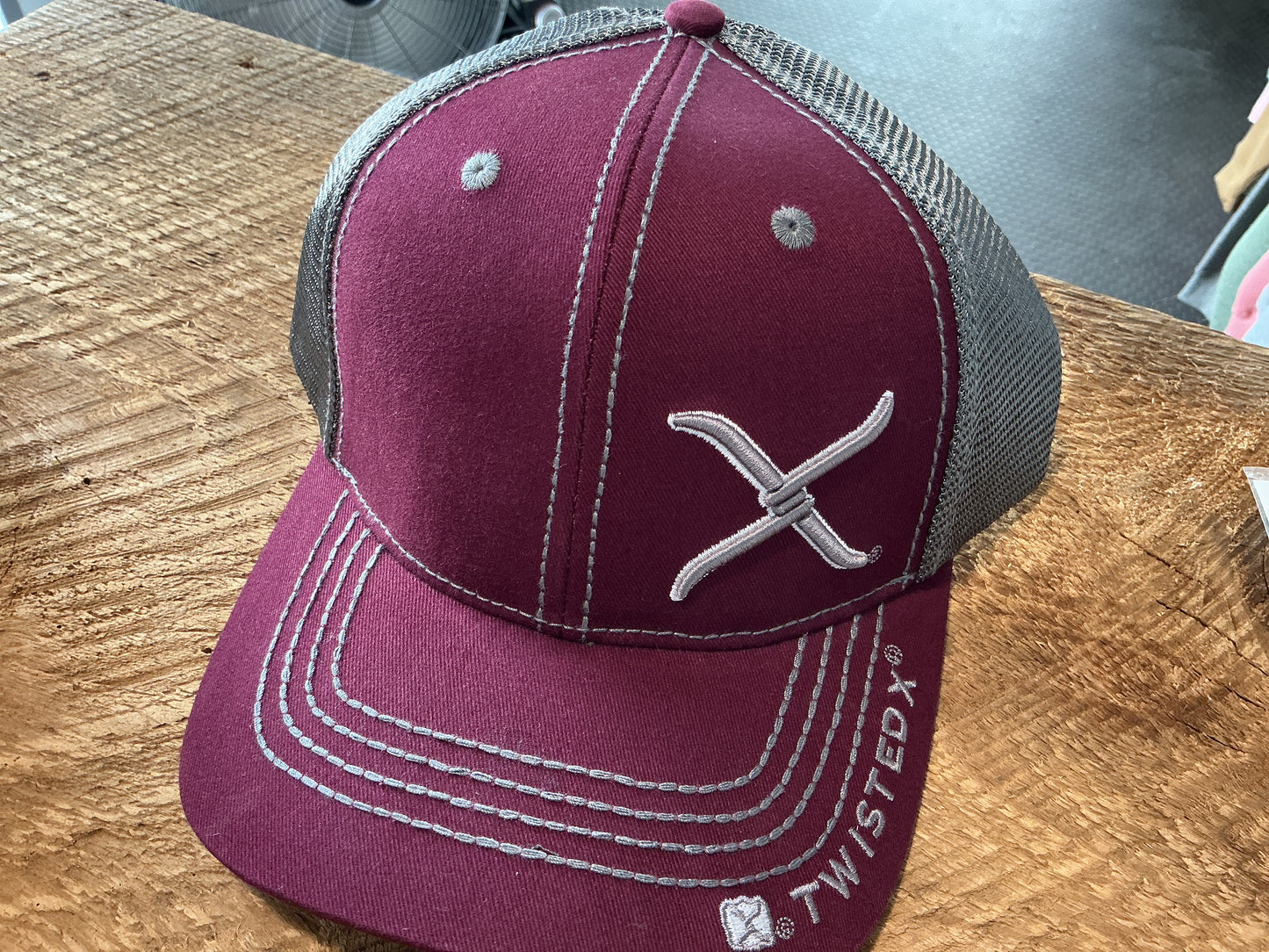 Burgundy & Grey Twisted X Hat
