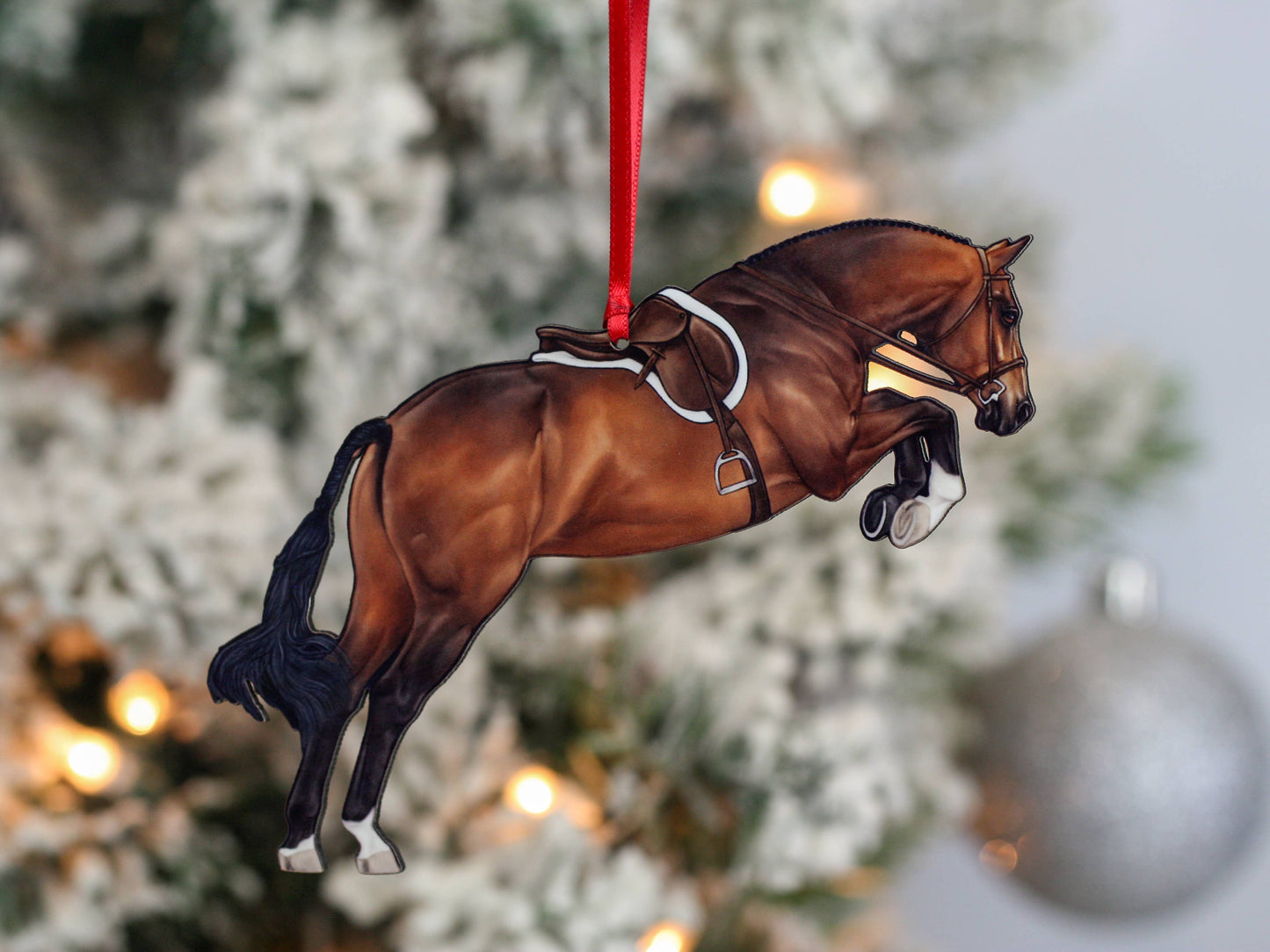 Equestrian Hunter Horse Ornament - Bay Hunter Jumper Takeoff