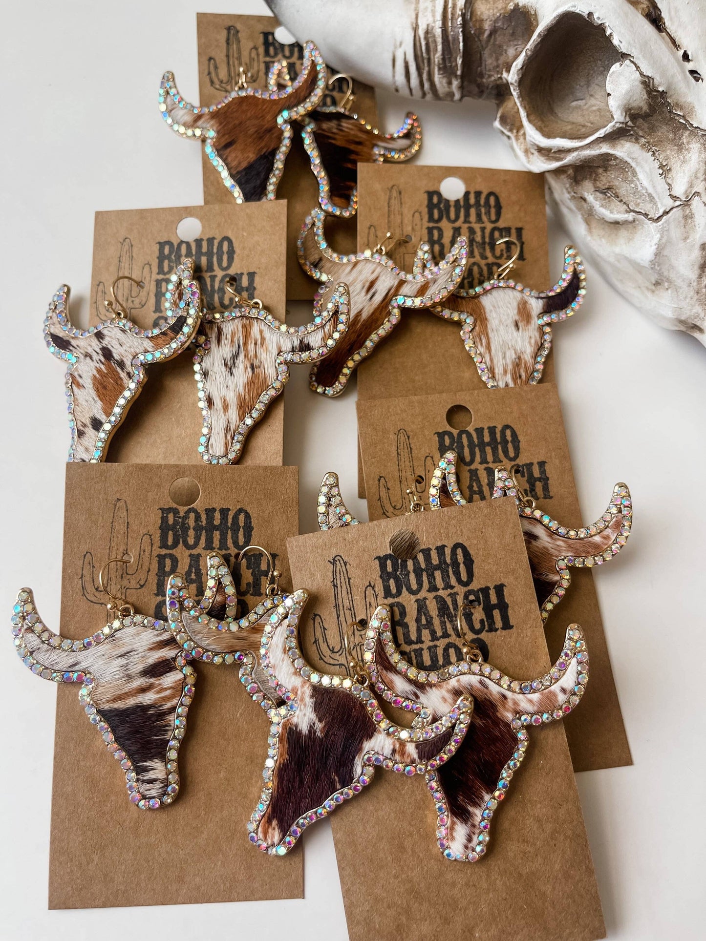 Western Cowhide Bling Steer Longhorn Earrings