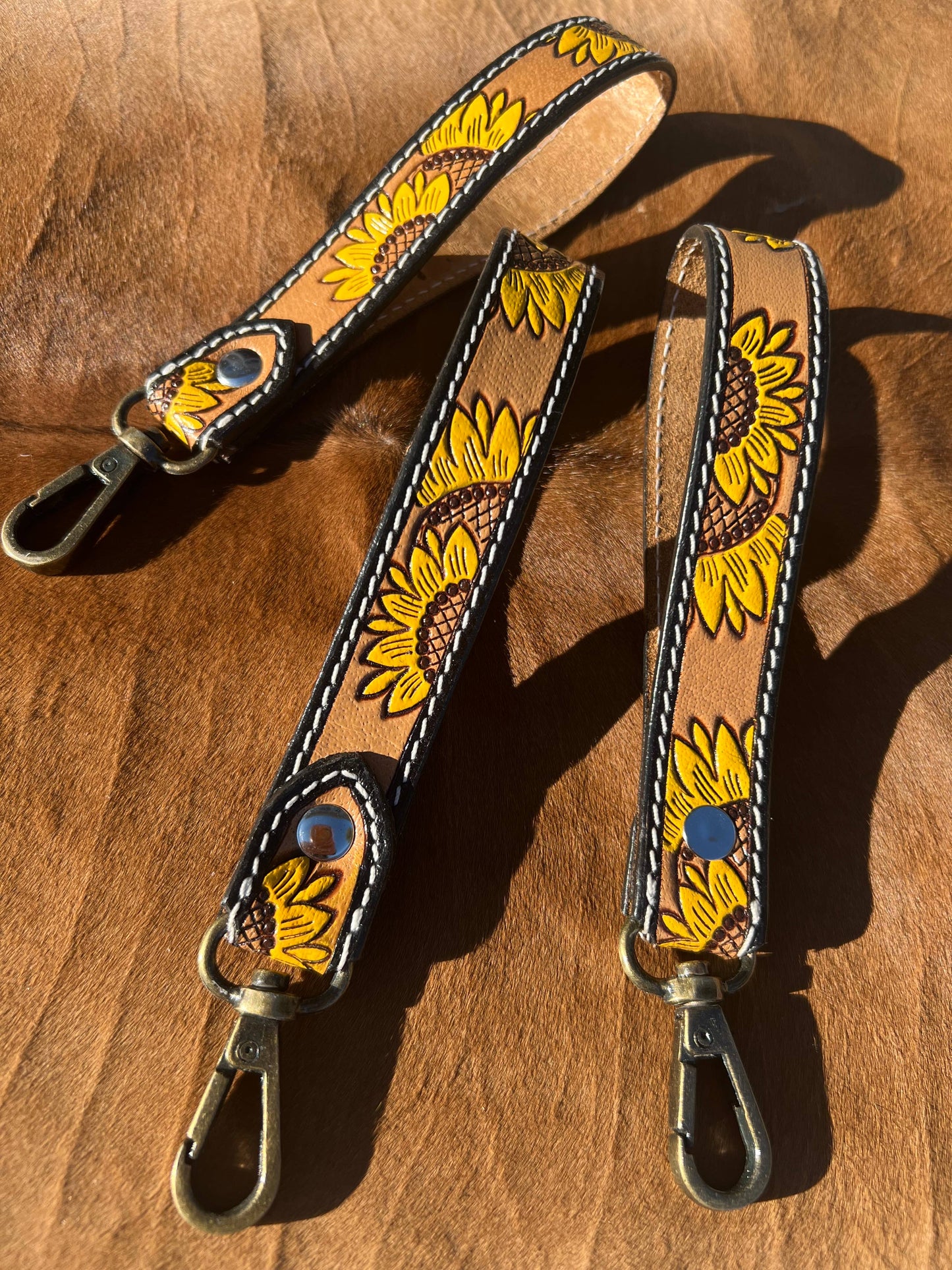 Tooled Leather Sunflower Western Wrist Strap Keychain