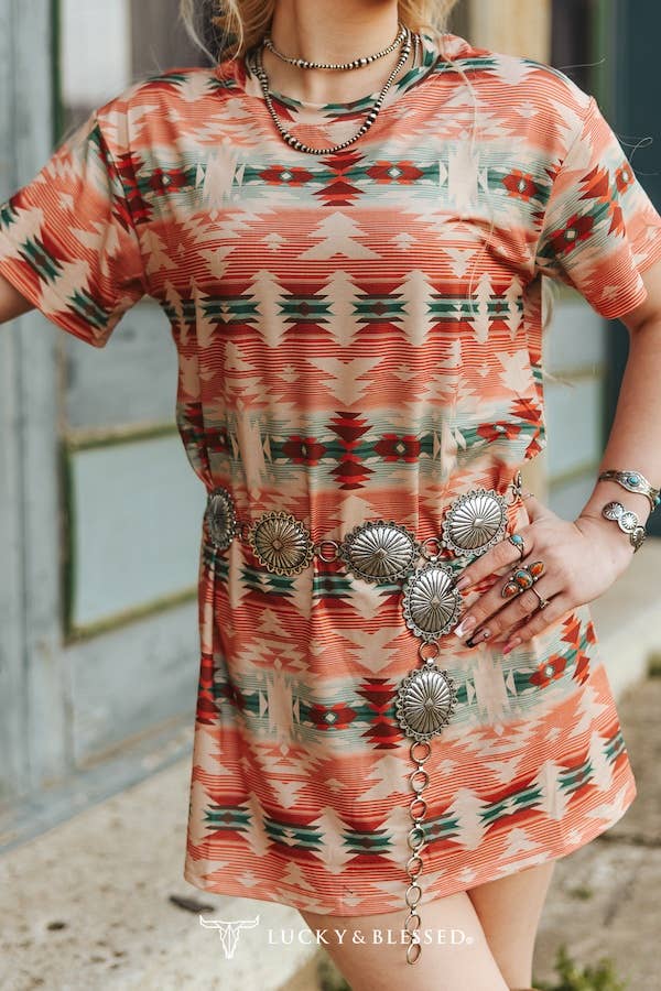 Multi Aztec Printed Short Sleeve Round Neck Dress