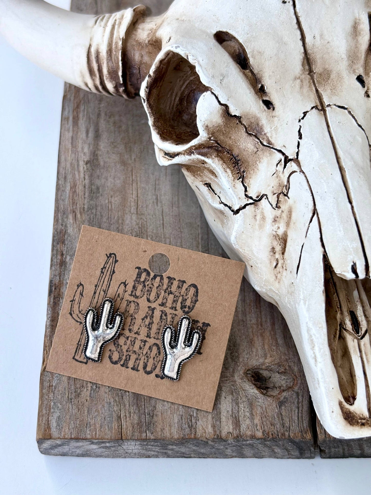Western Style Boots, Steer Head, Cactus Stud Earrings