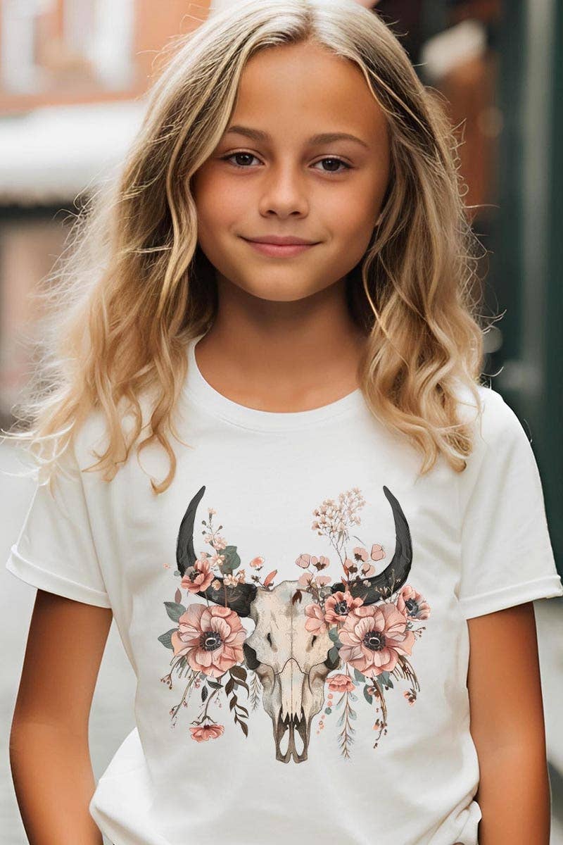 Western Skull Floral Kids Graphic Tee