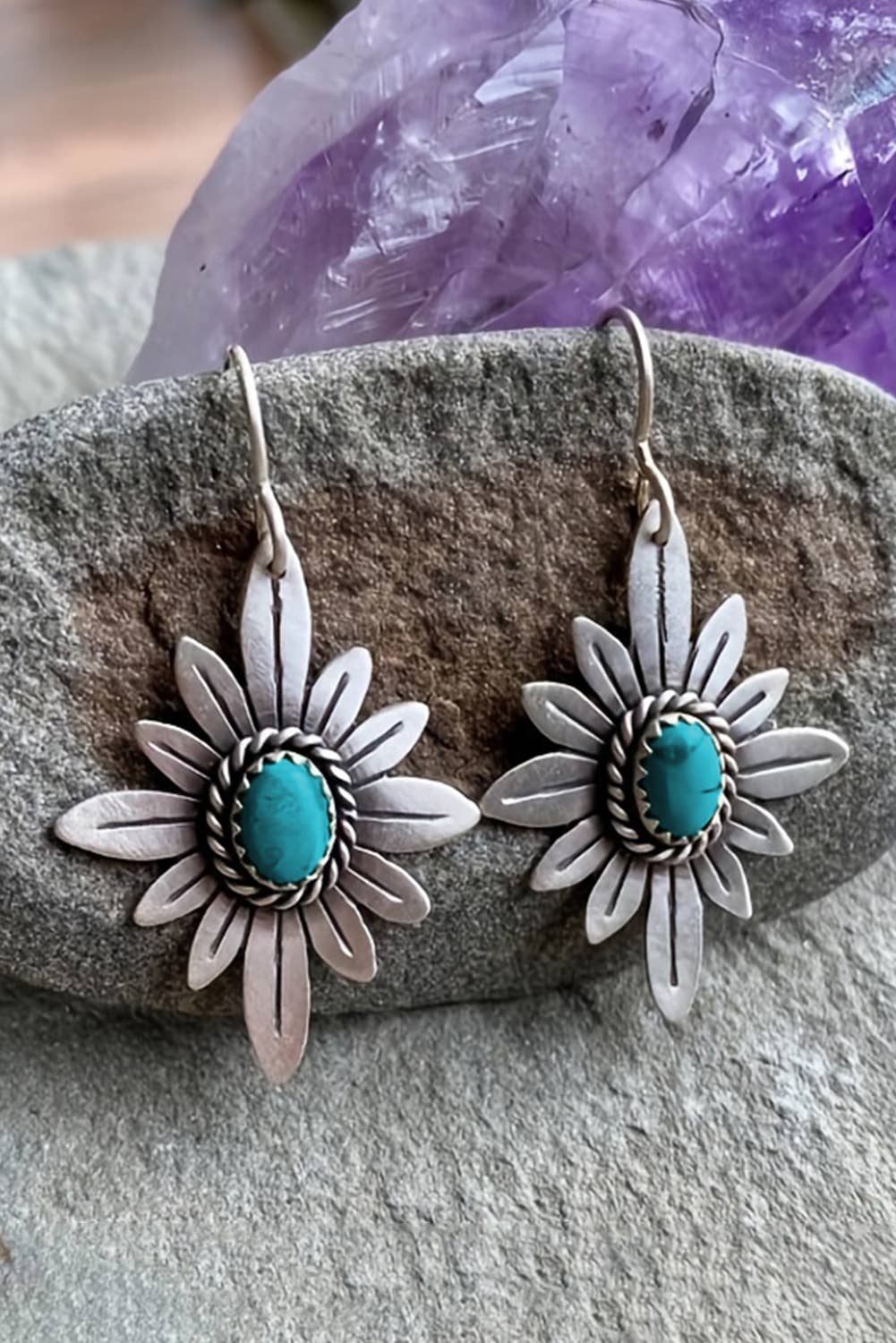Western Turquoise Flower Shape Hook Earrings