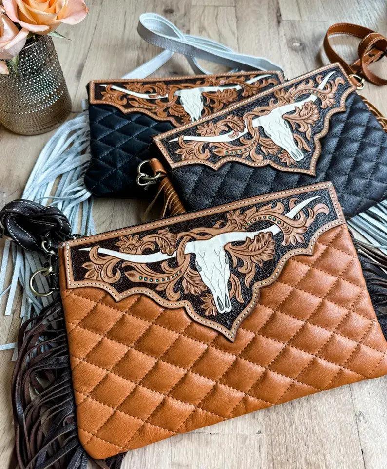 LAINEY CROSSBODY steer longhorn -quilted leather purse bag