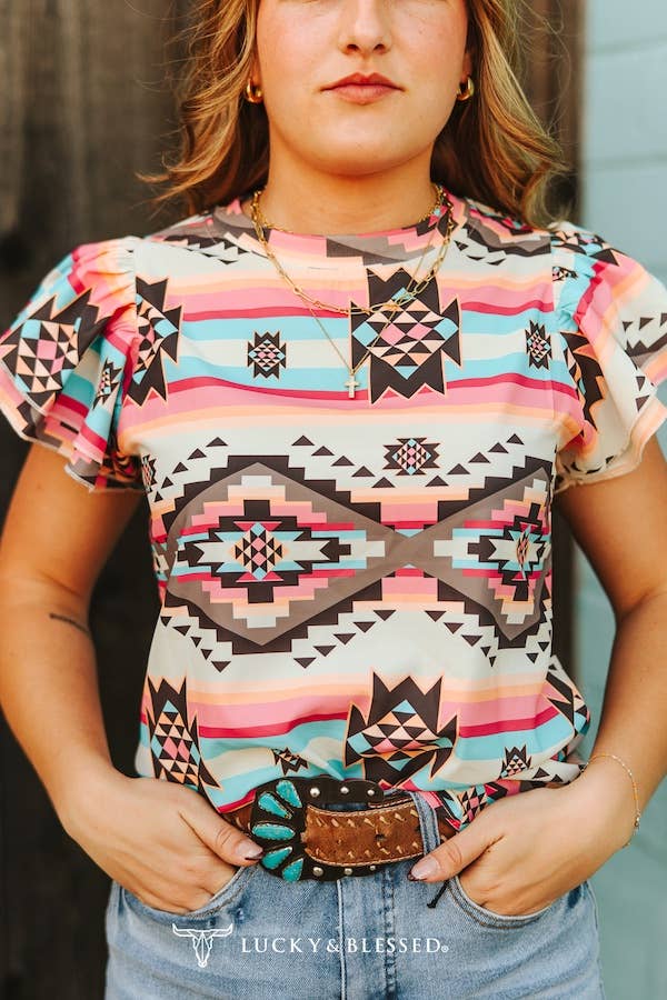 Plus Multi Aztec Printed Double Ruffle Short Sleeve Shirt
