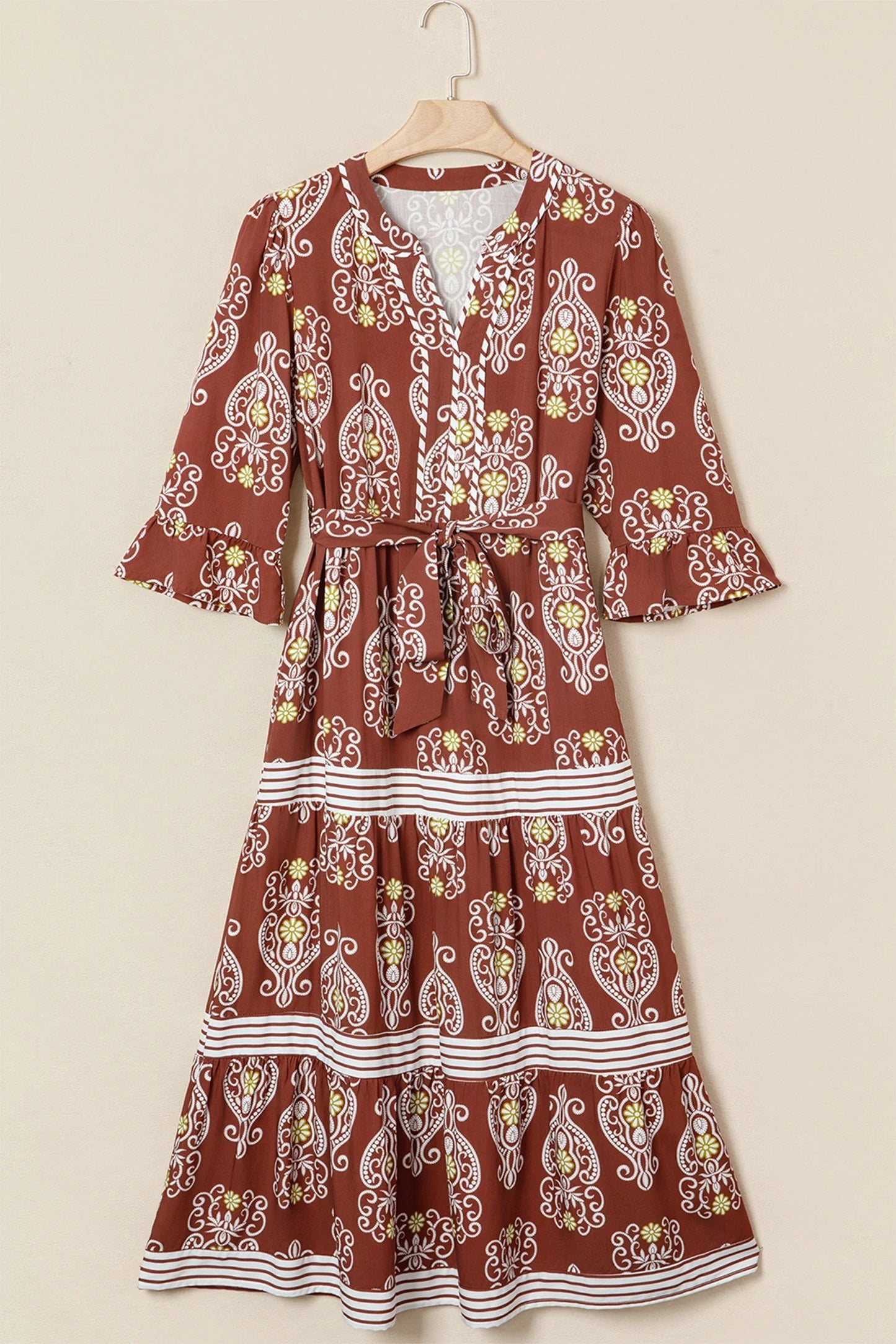 Floral Boho Belted Stripe Trim Tiered Maxi Dress