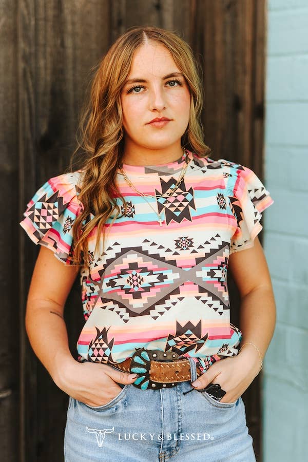 Plus Multi Aztec Printed Double Ruffle Short Sleeve Shirt