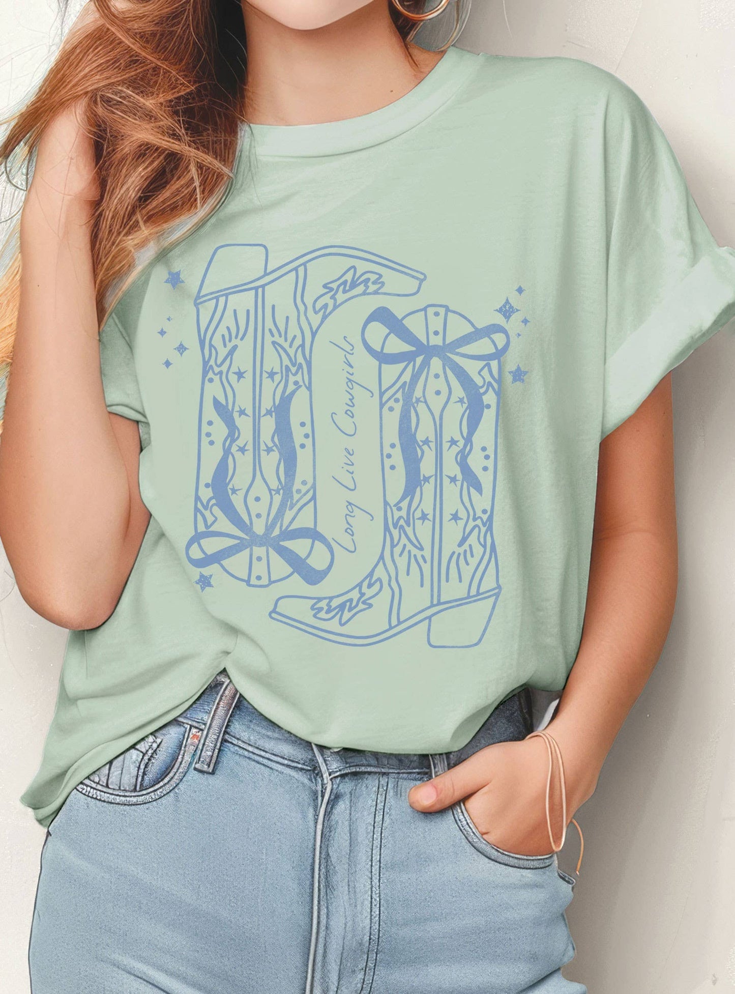 LONG LIVE COWGIRLS WESTERN RIBBON BOW BOOTS GRAPHIC TSHIRTS