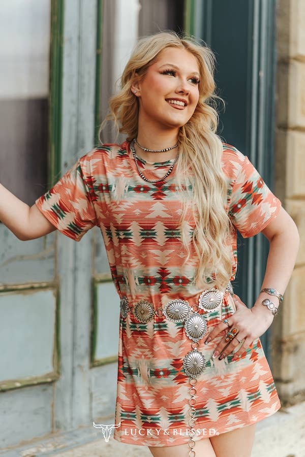Multi Aztec Printed Short Sleeve Round Neck Dress