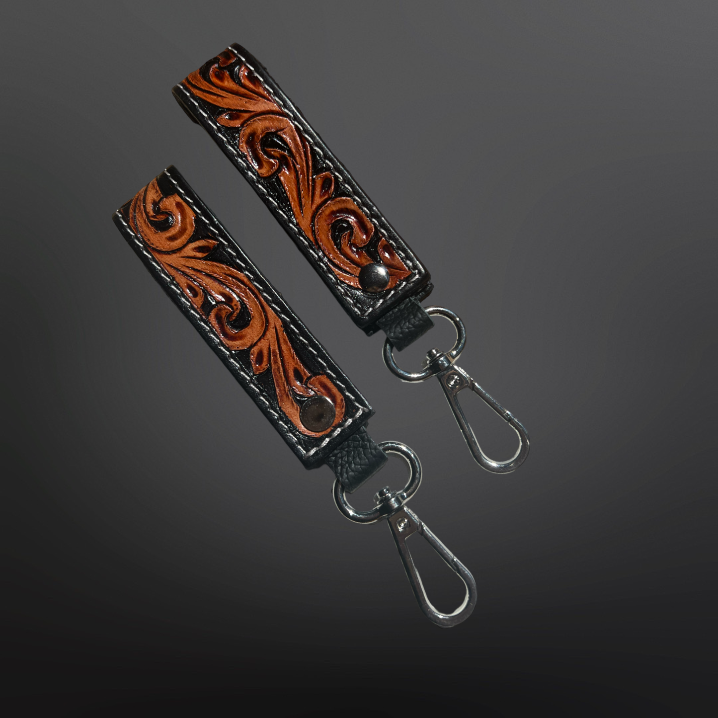 Tooled Leather Western Black Floral Keychain