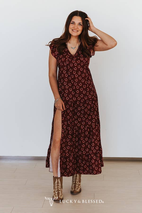 Deep Wine Horse Shoe Short Sleeve Ruffle Cap Tier Dress