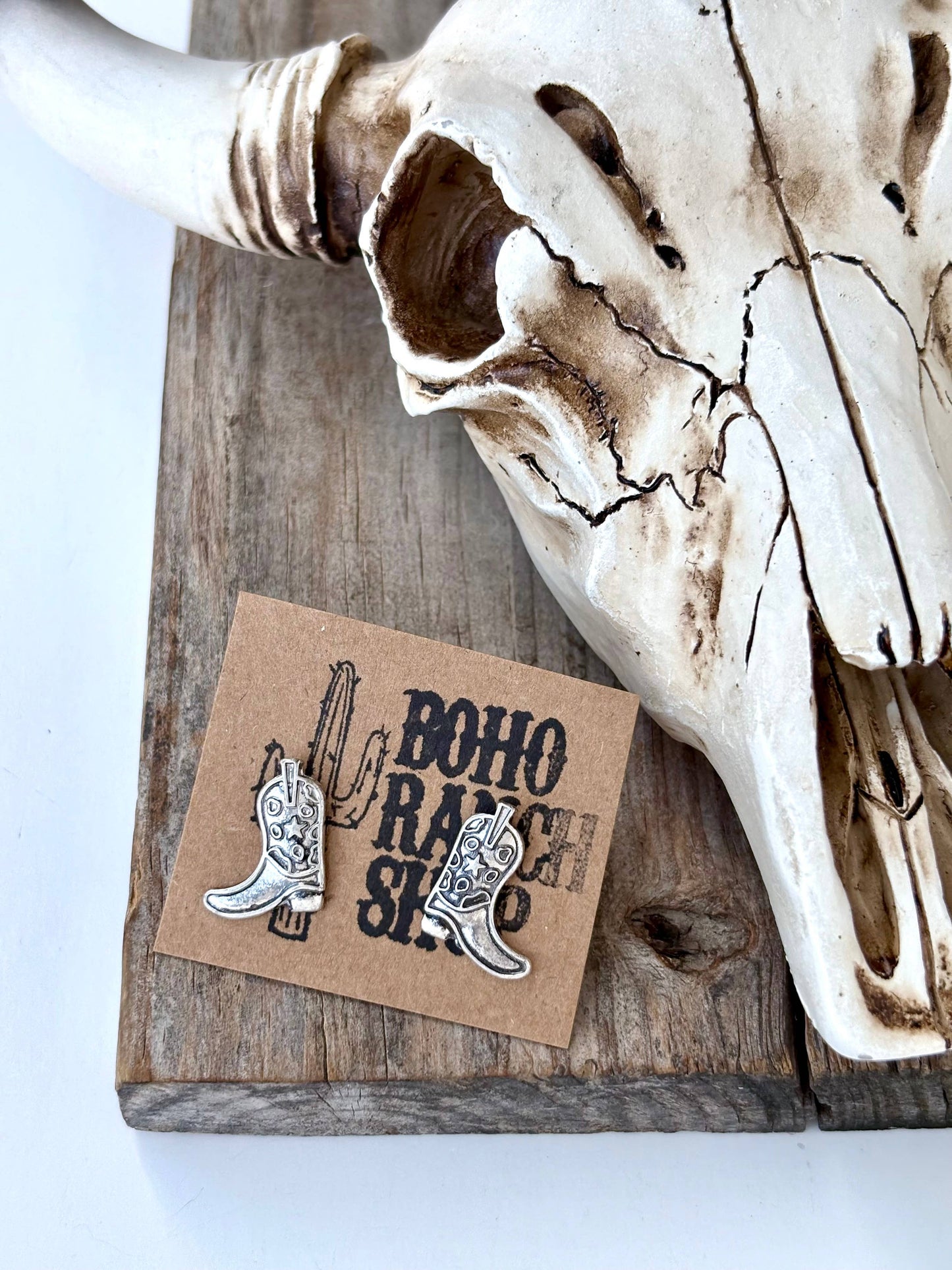 Western Style Boots, Steer Head, Cactus Stud Earrings