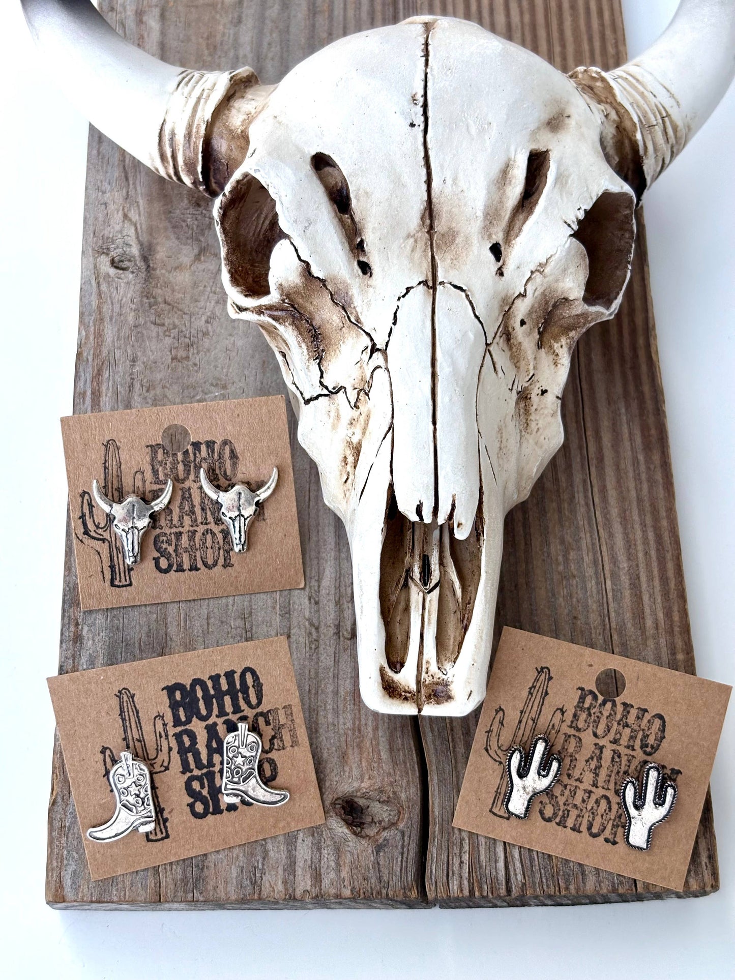 Western Style Boots, Steer Head, Cactus Stud Earrings