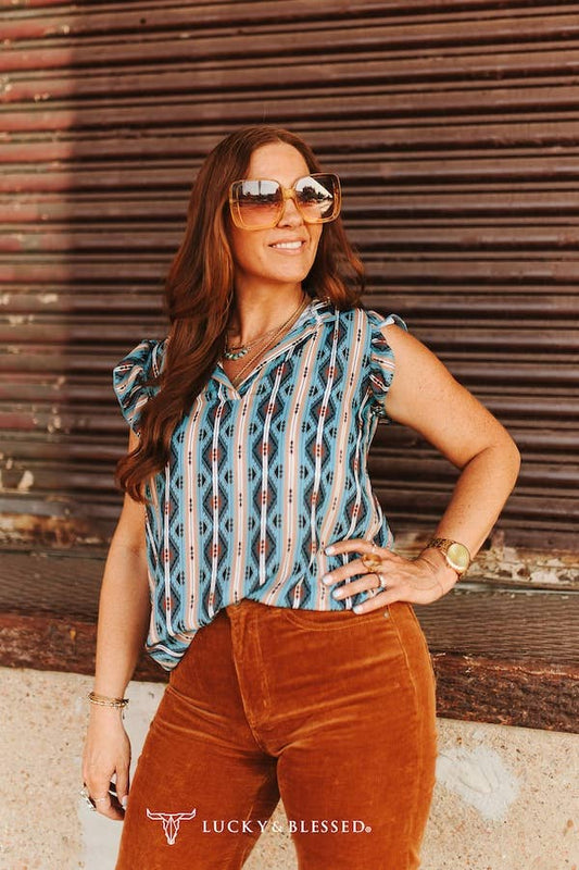 Jade Aztec Short Sleeve V-Neck Ruffle Sleeve Top