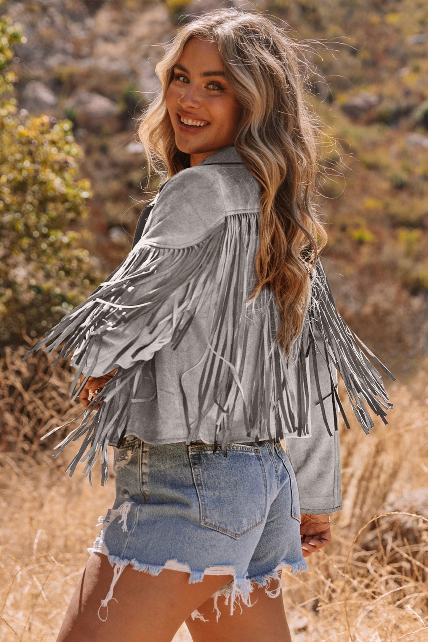 Green Cropped Fringe Faux Suede Jacket