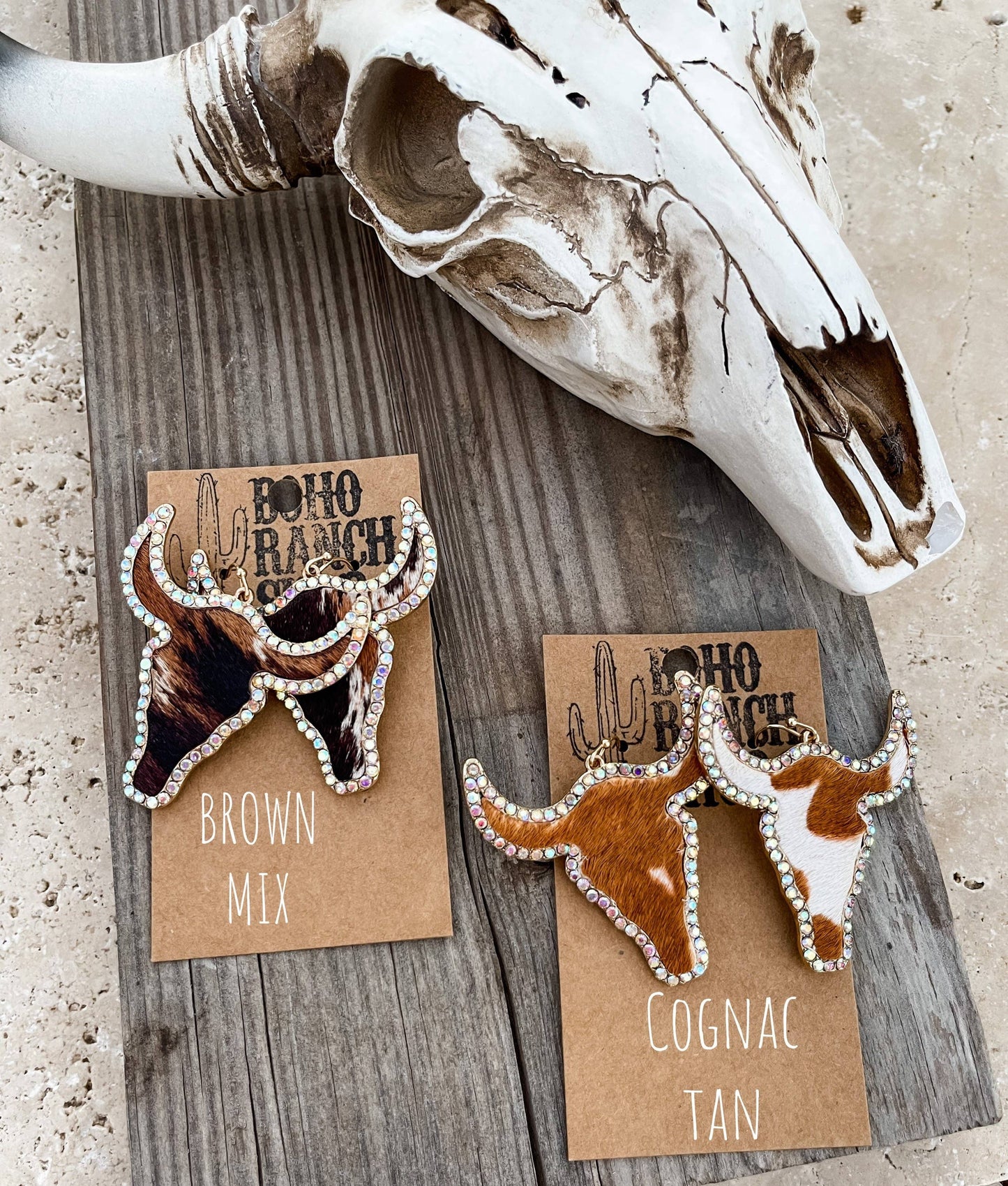 Western Cowhide Bling Steer Longhorn Earrings