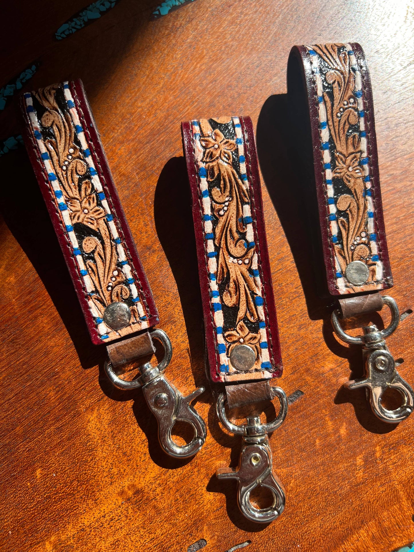 Tooled Leather Western Blue Floral Keychain