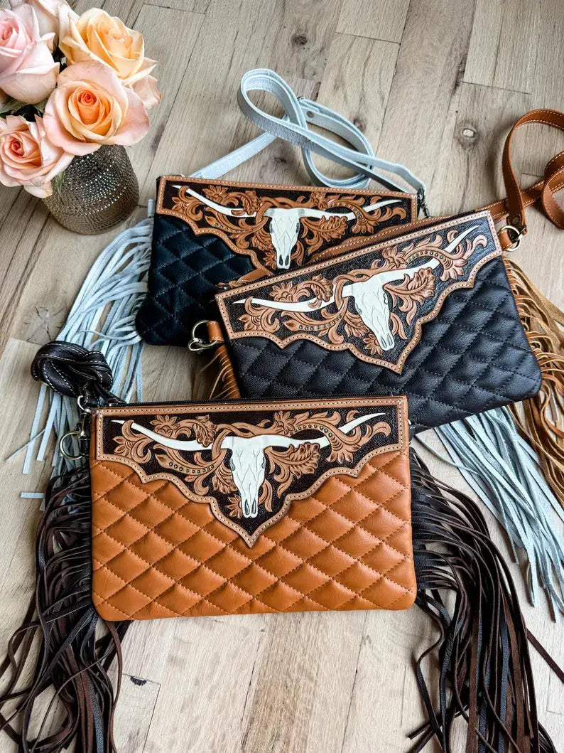 LAINEY CROSSBODY steer longhorn -quilted leather purse bag