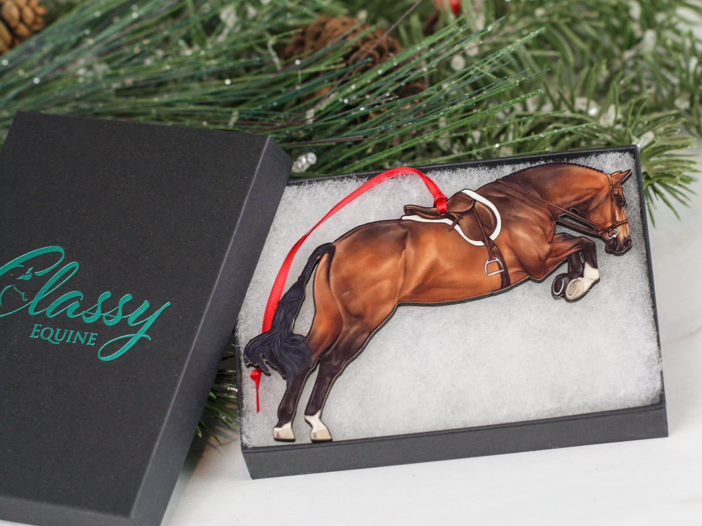 Equestrian Hunter Horse Ornament - Bay Hunter Jumper Takeoff