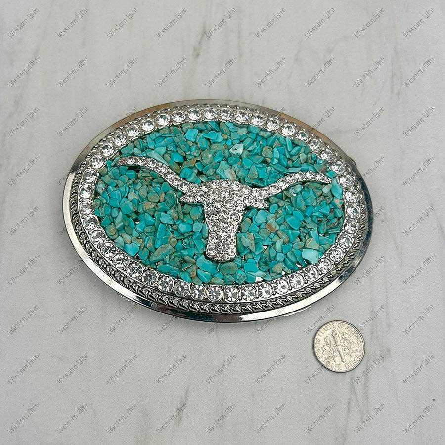 BKE-LONEHORN-CLEAR          Silver metal with blue turquoise stone chips Longhorn Belt buckle