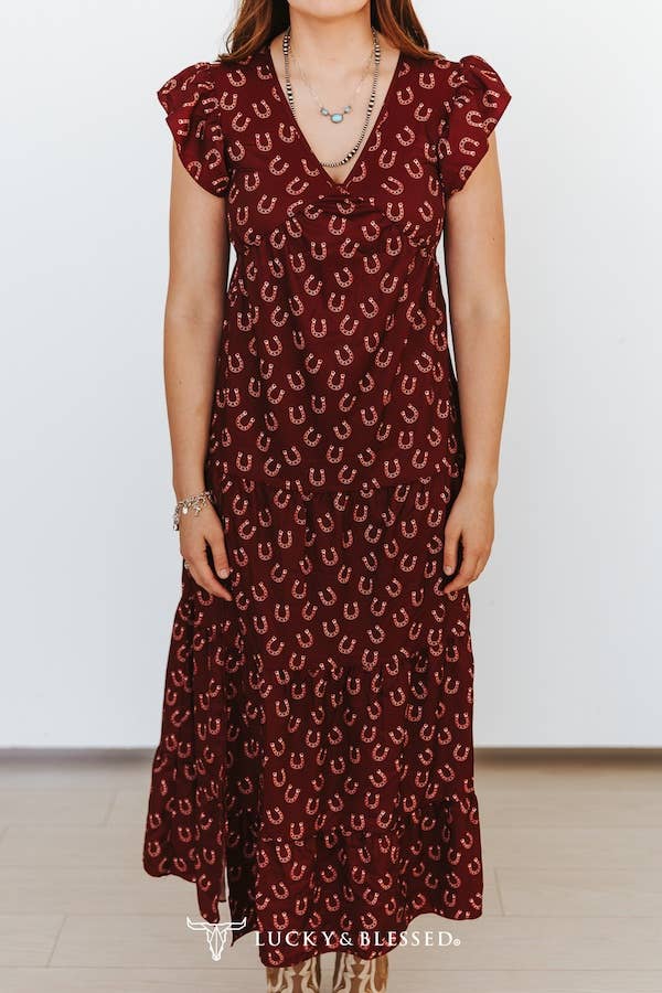 Deep Wine Horse Shoe Short Sleeve Ruffle Cap Tier Dress