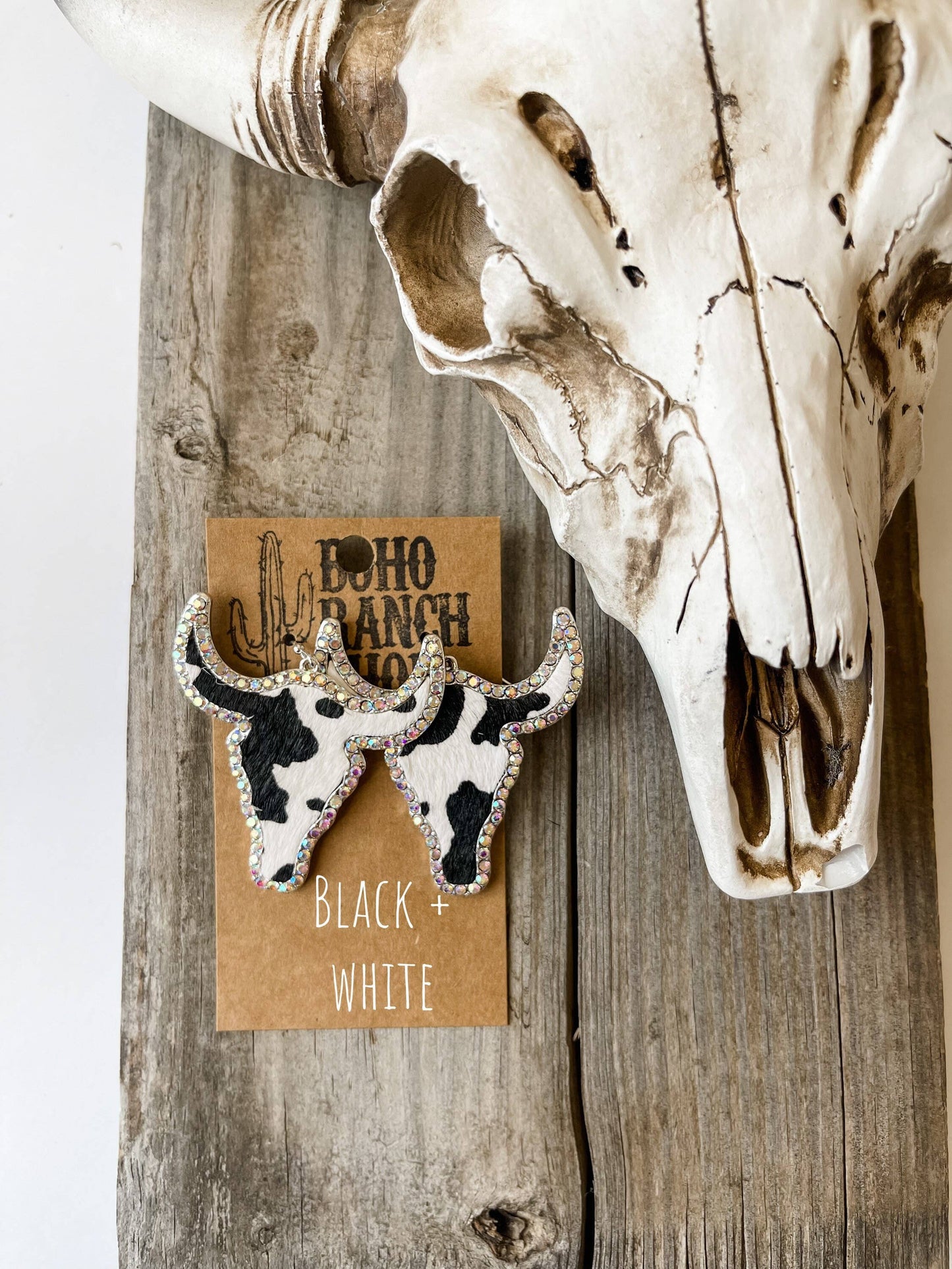 Western Cowhide Bling Steer Longhorn Earrings