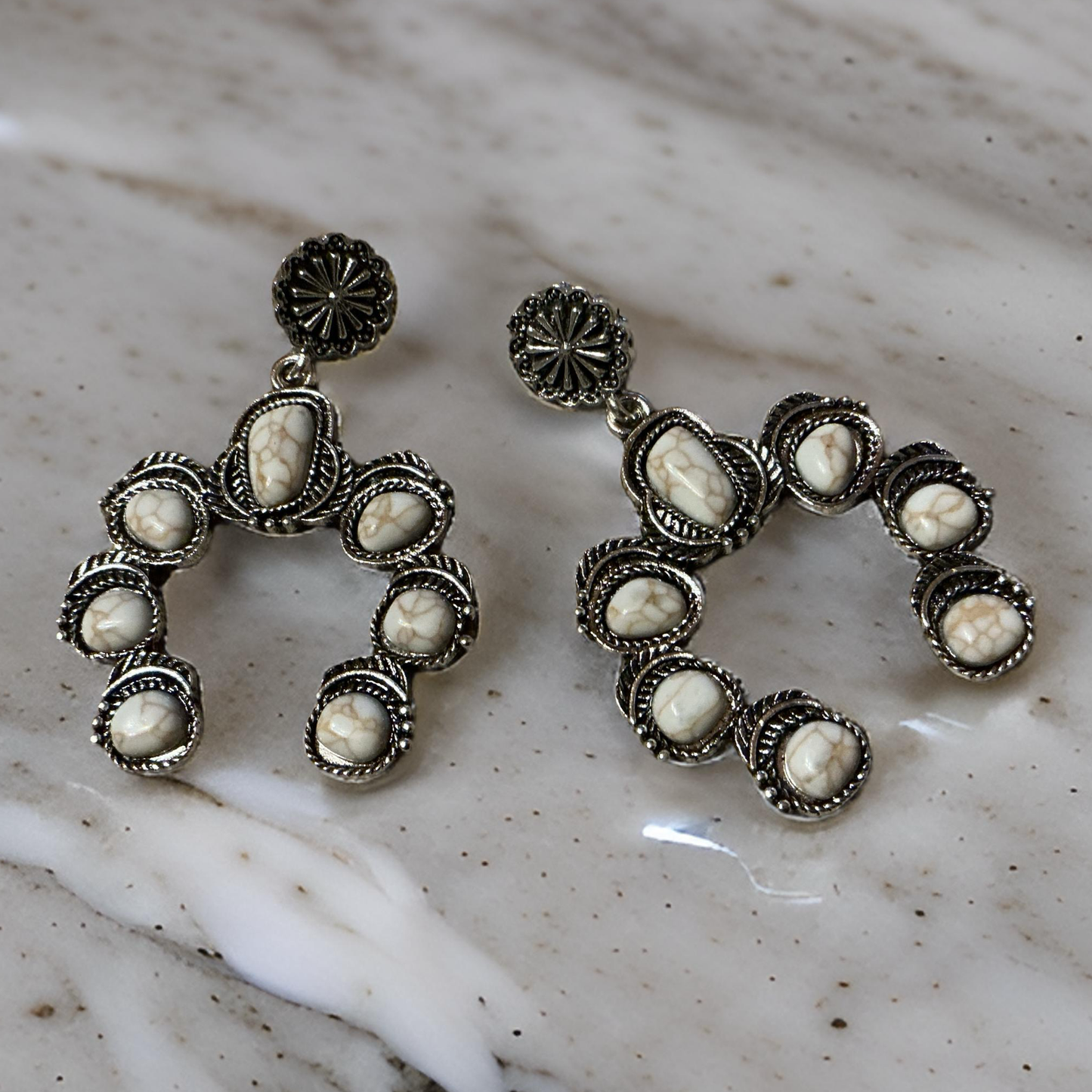 Faux Turquoise Naja Squash Blossom Earrings