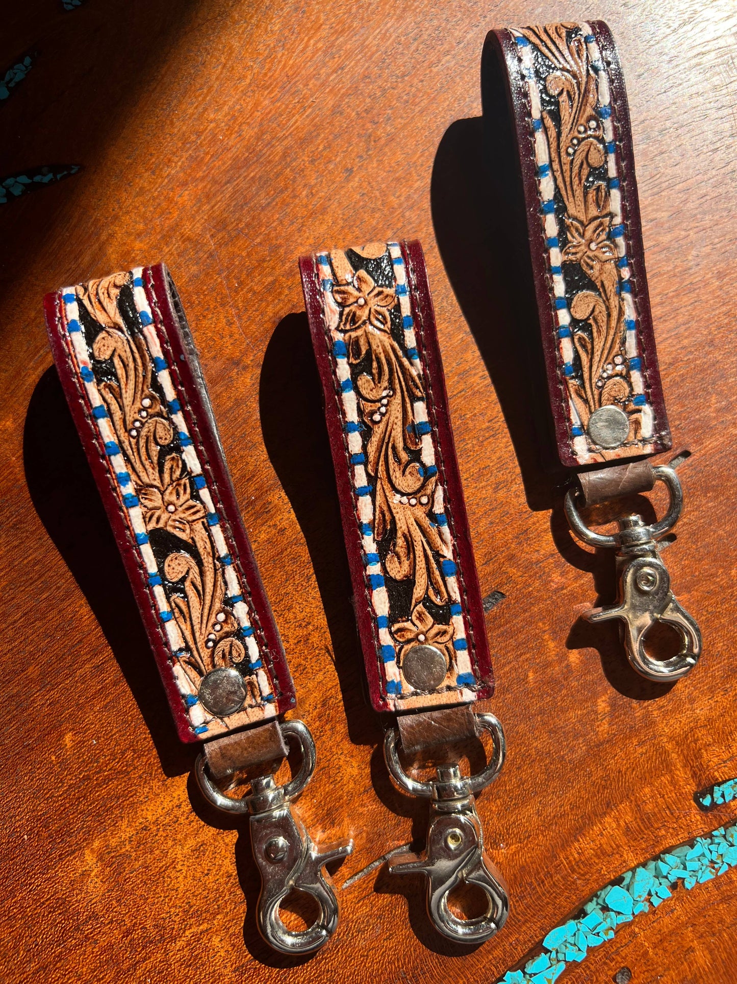 Tooled Leather Western Blue Floral Keychain