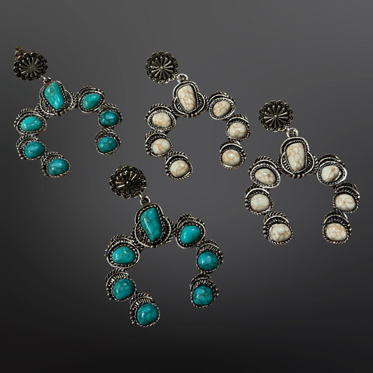 Faux Turquoise Naja Squash Blossom Earrings