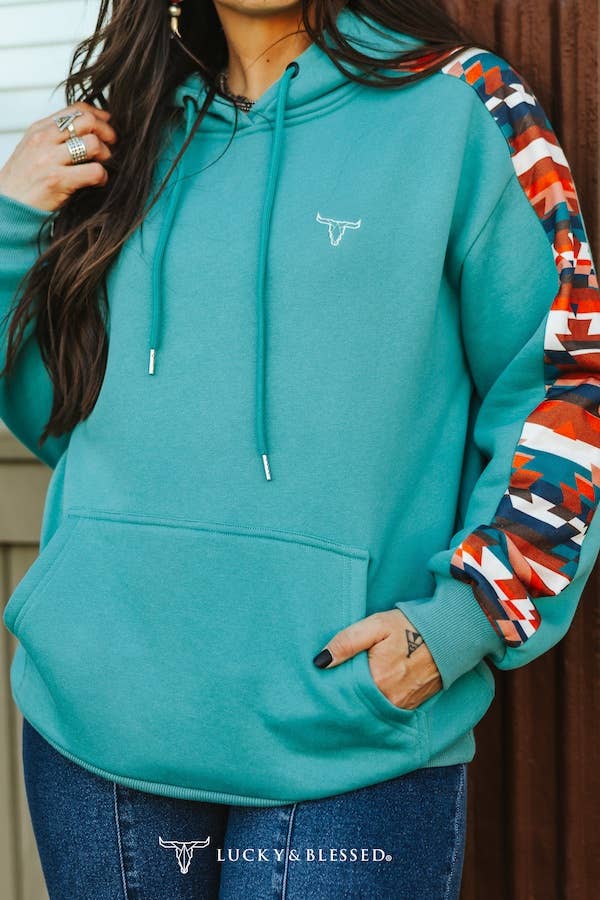 Teal Multi Aztec Printed Side Panel Sleeve Hoodie
