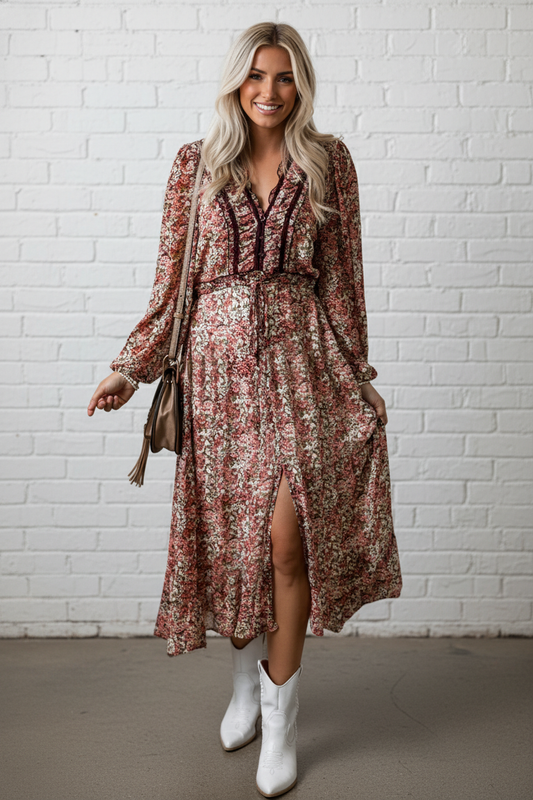 Floral Frilled V-Neck Split Front Tiered Midi Dress